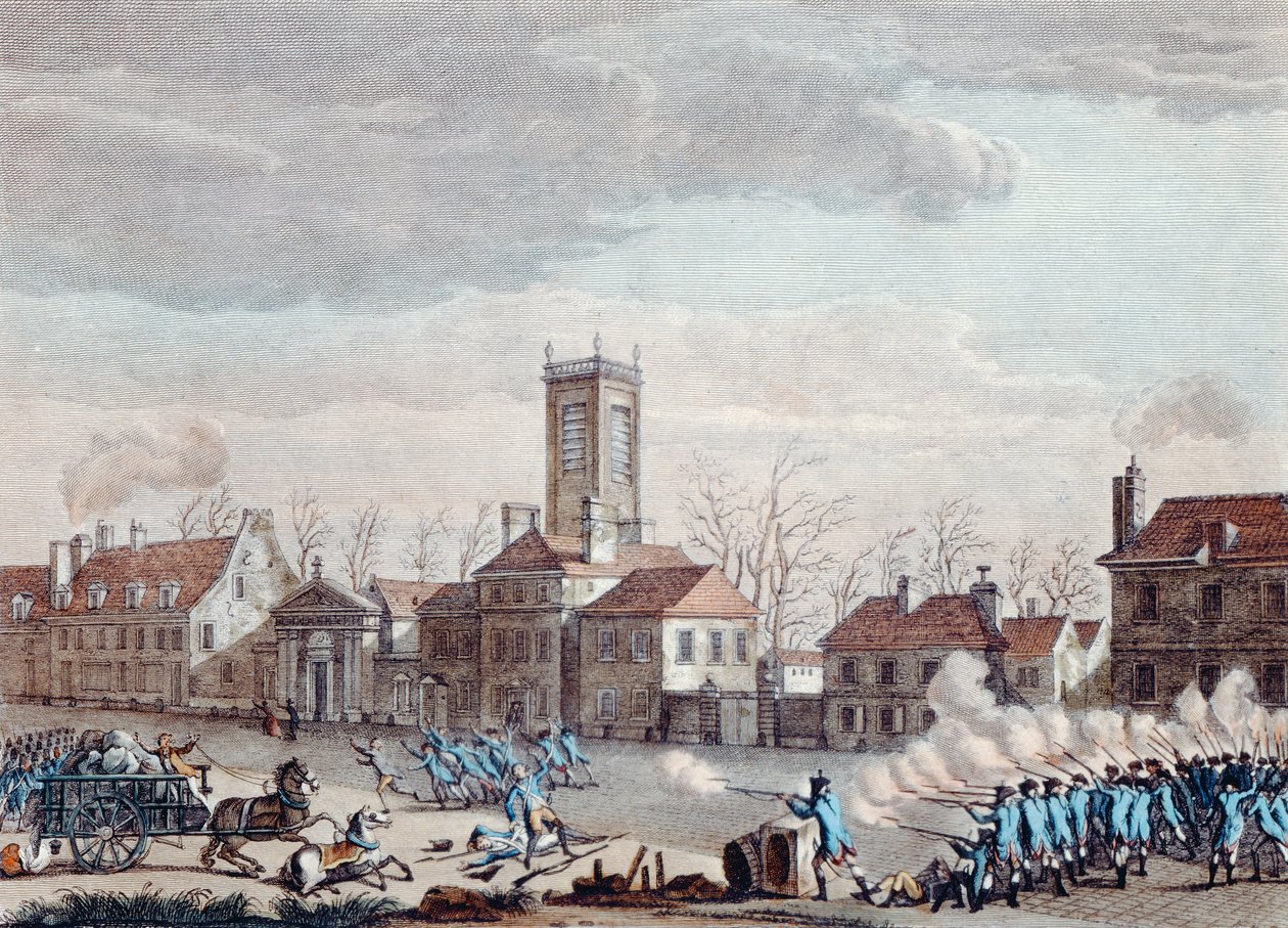 Kamp foran Eglise de la Chapelle, Paris, mellem vogterne af Fermiers Generauxs barrierer og de revolutionære den 24. januar 1791, ca. 1795 af Jan Bulthuis
