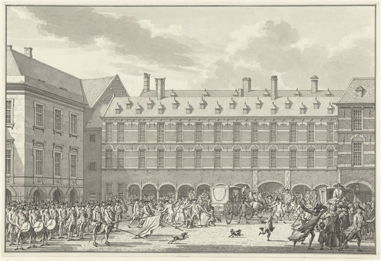Uroligheder, da deputerede i Dordrecht kører gennem Stadhouderspoort på Binnenhof, 1786 af Jan Bulthuis