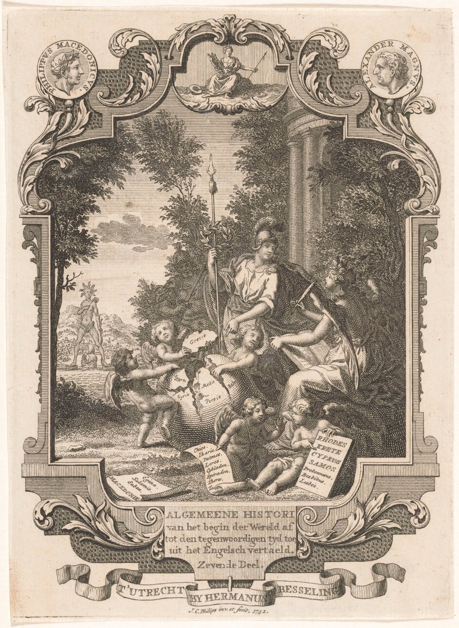 Cartouche med allegori over Grækenlands historie Titelblad for: Kornelis Westerbaen, Algemeene histori, 1742 af Jan Caspar Philips
