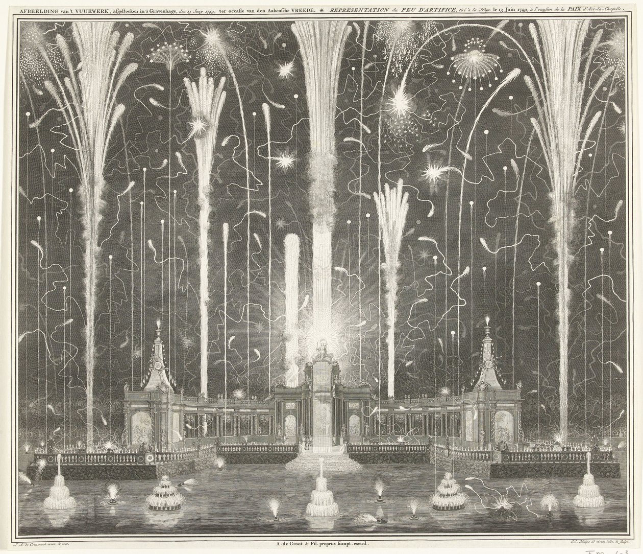Fyrværkeri i Haag for freden i Aachen, 1749 Afbildning af fyrværkeriet, affyret i Haag, 13. juni 1749, brugt af den Aakensche Vreede / Representation du feu d