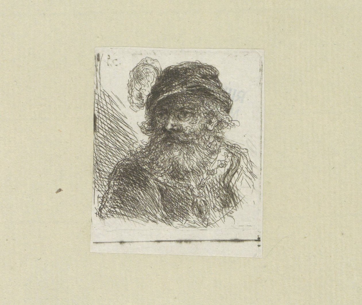Bebaarde mand sætter pluimhoed The Compleat Work of Etchings af John Chalon / Oeuvre Complette des Eaux Fortes af Jean Chalon (serietitel) af Jan Chalon