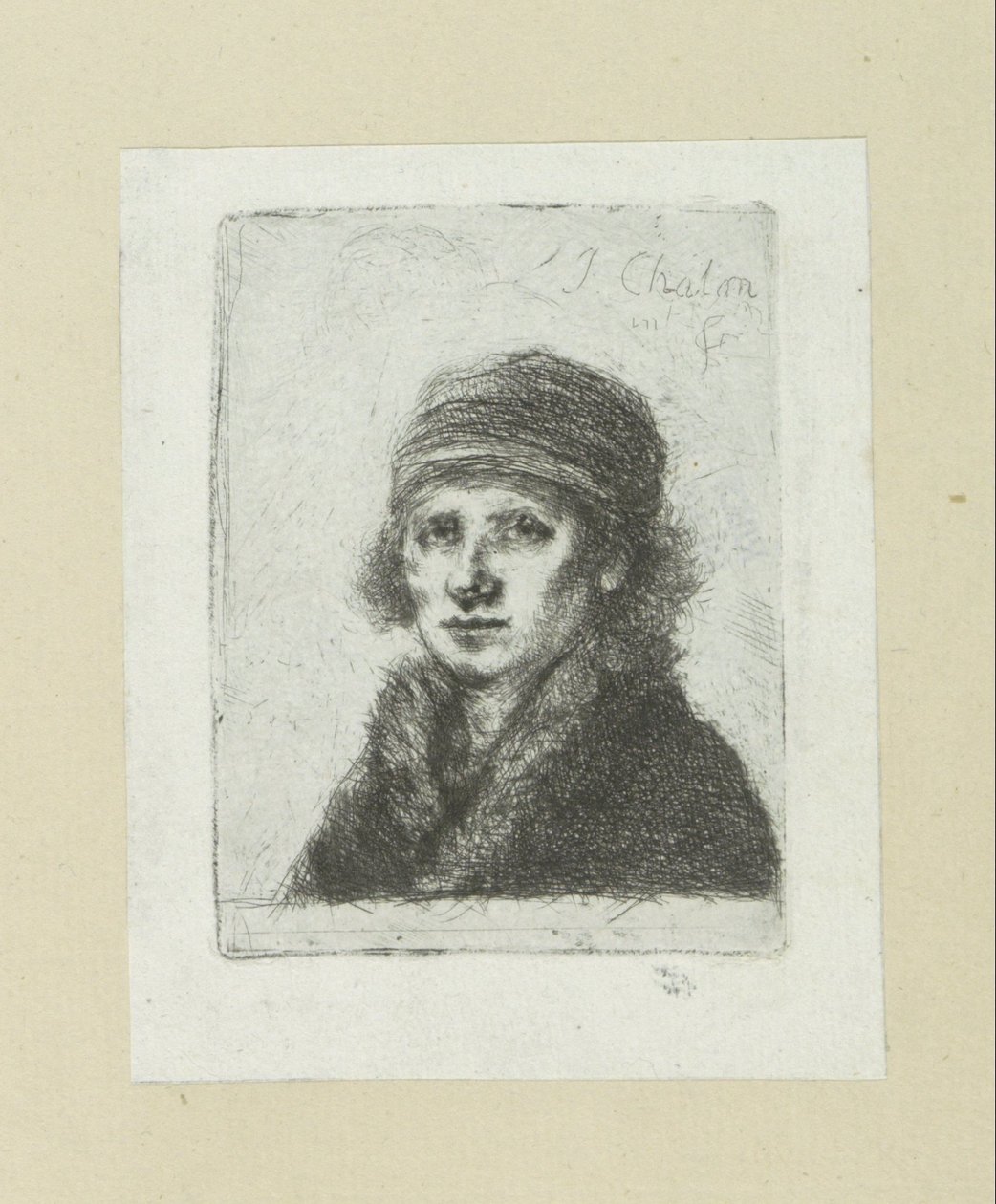 Jonge mand sætter bontkraag The Compleat Work of Etchings af John Chalon / Oeuvre Complette des Eaux Fortes af Jean Chalon (serietitel) af Jan Chalon