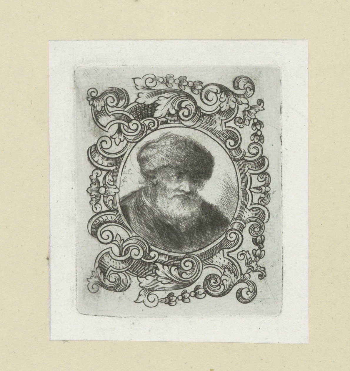 Oude mand mødte bonthoed i ornamentrand The Compleat Work of Etchings af John Chalon / Oeuvre Complette des Eaux Fortes af Jean Chalon (serietitel) af Jan Chalon