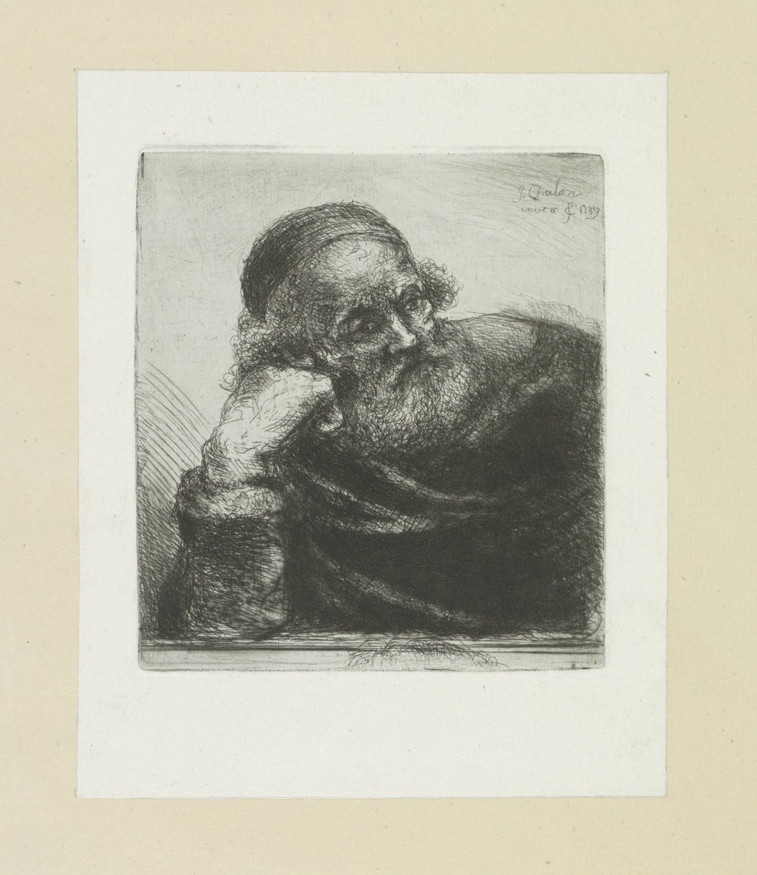 Gammel mand læner sig på sin højre arm The Compleat Work of Etchings af John Chalon / Oeuvre Complette des Eaux Fortes af Jean Chalon (serietitel) af Jan Chalon