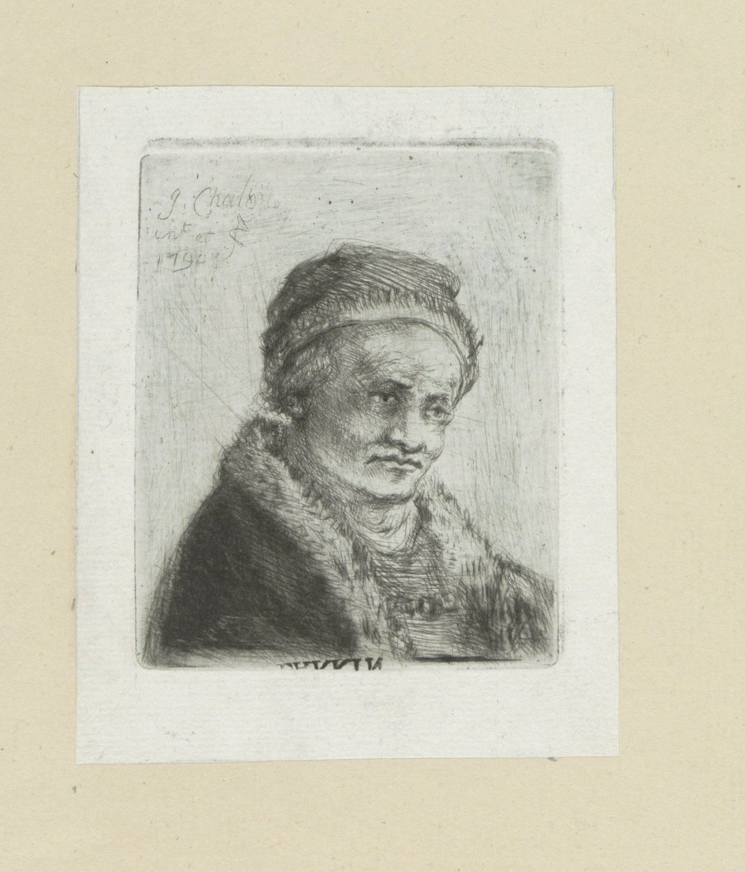 Volwassen mand sætter bontkraag The Compleat Work of Etchings af John Chalon / Oeuvre Complette des Eaux Fortes af Jean Chalon (serietitel) af Jan Chalon