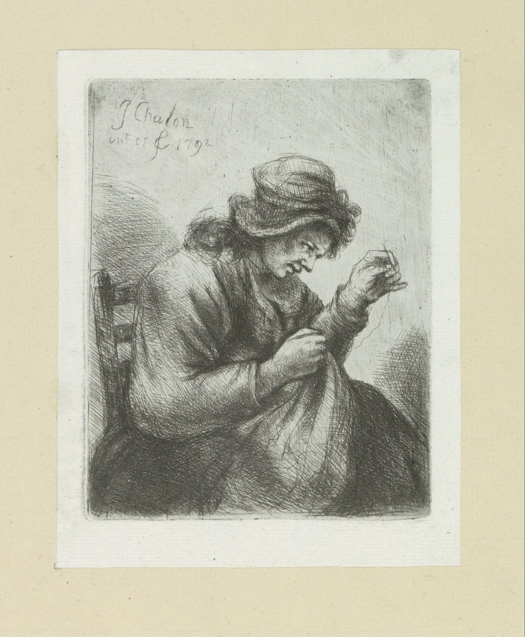 Vrouw sætter naald i draad The Compleat Work of Etchings af John Chalon / Oeuvre Complette des Eaux Fortes af Jean Chalon (serietitel) af Jan Chalon