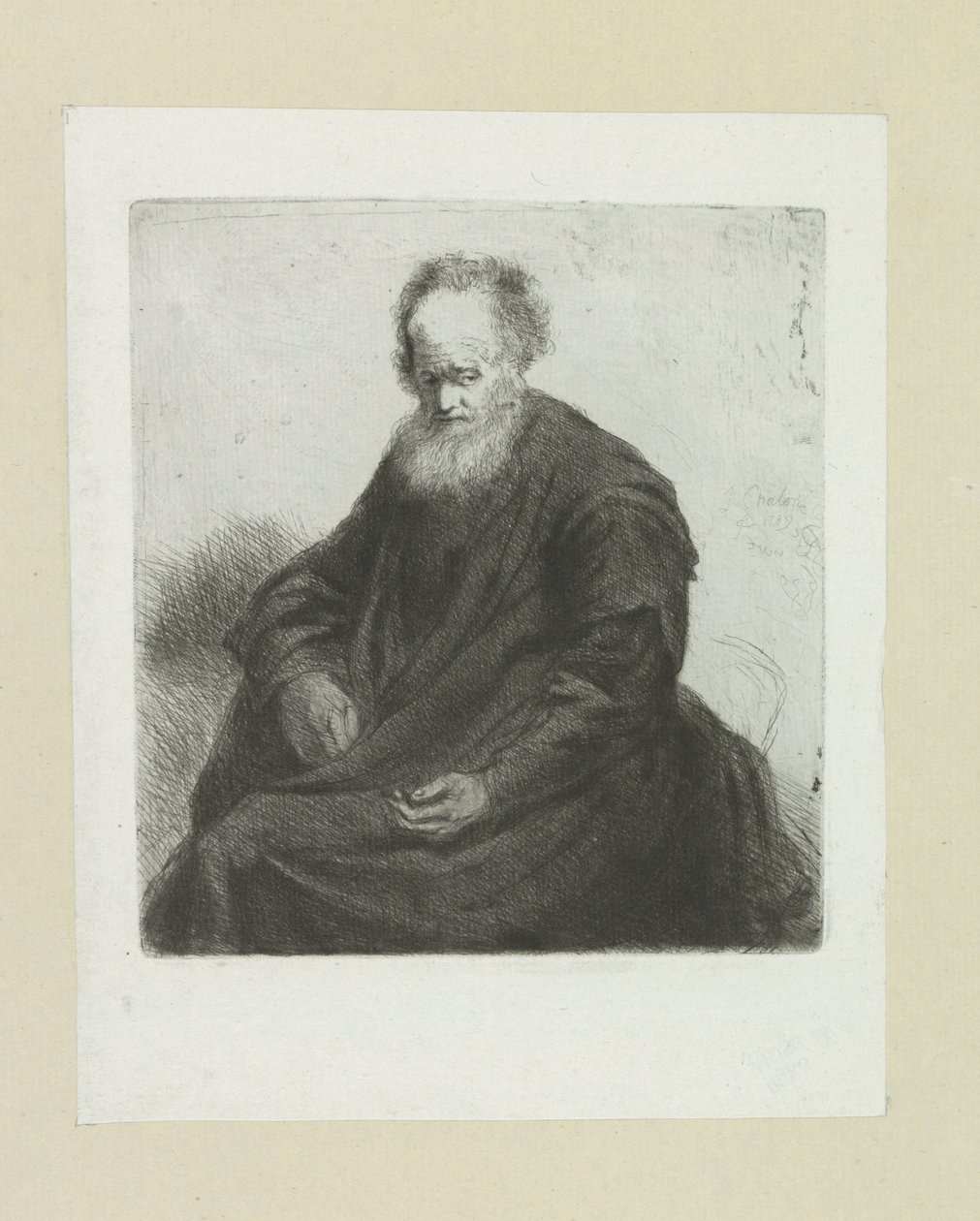 Zittende oude man met lange frakke The Compleat Work of Etchings af John Chalon / Oeuvre Complette des Eaux Fortes af Jean Chalon (serietitel) af Jan Chalon