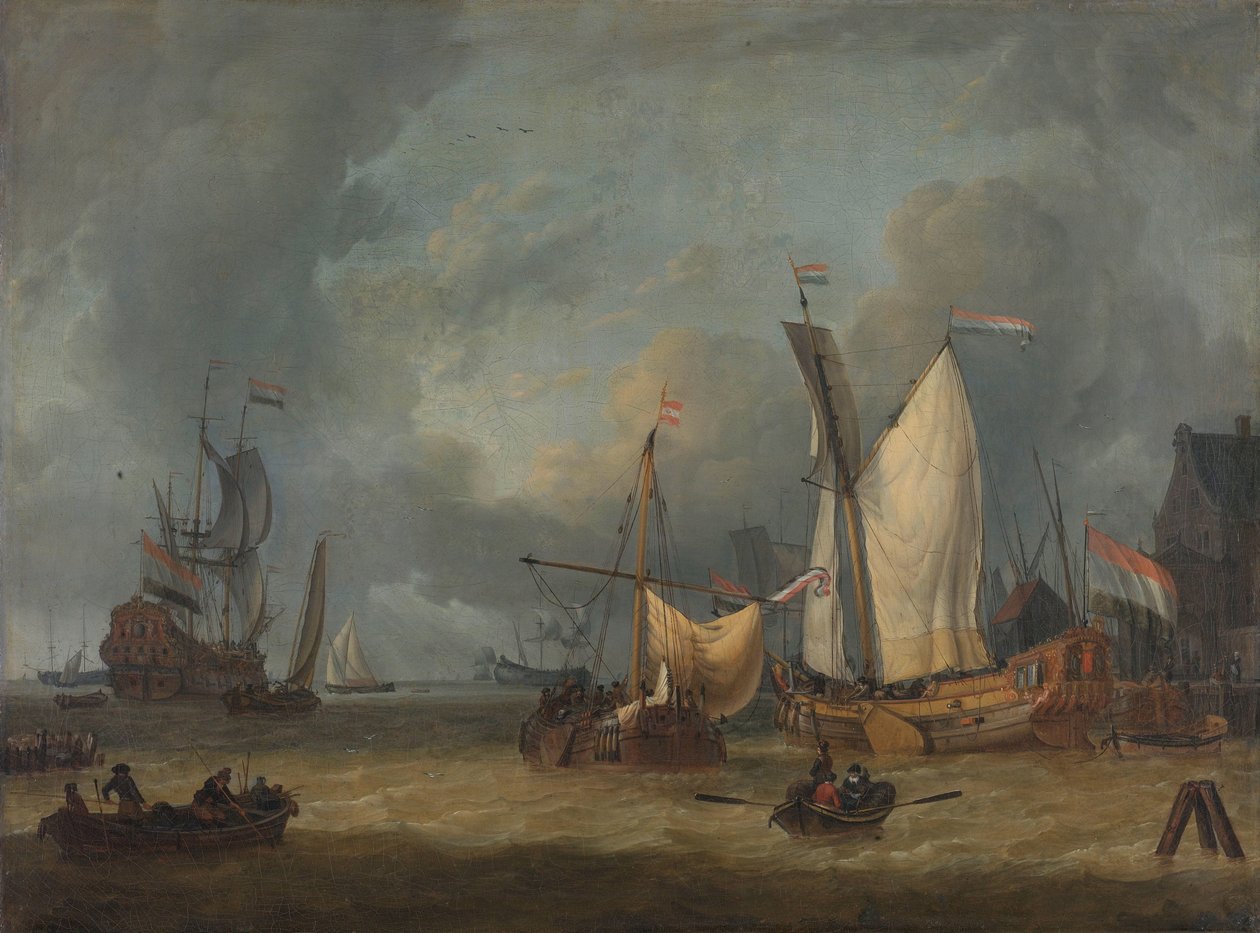 En storm (skibe i havnen i en stiv brise) af Jan Claesz. Rietschoof