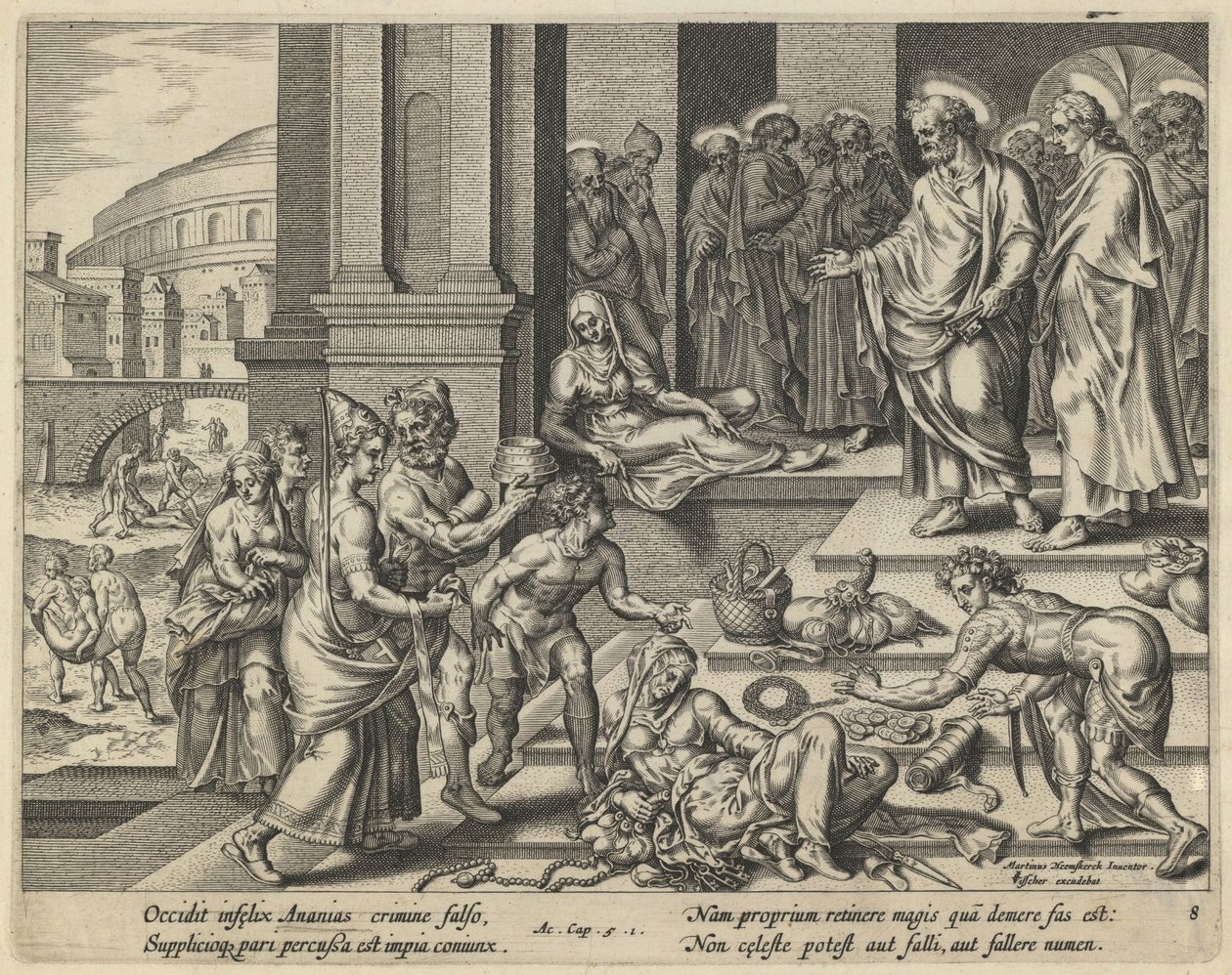 Lignelsen om Ananias og Saffira, begyndelsen af det 17. århundrede. af Jan Claesz Visscher