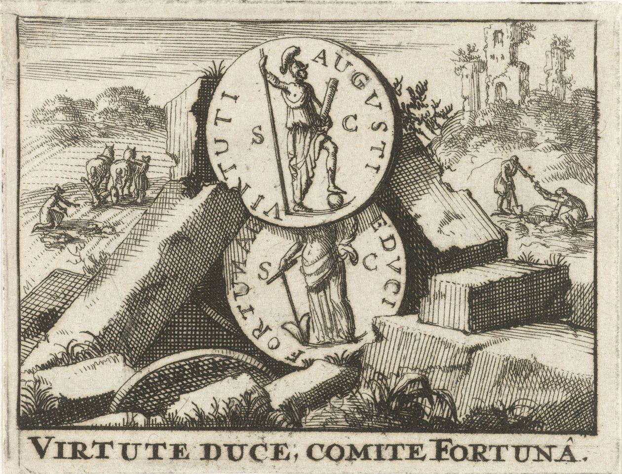 Romerske mønter lænet på en bunke sten Virtute Duce, Komité Fortuna (titel på objekt) af Jan Claesz ten Hoorn