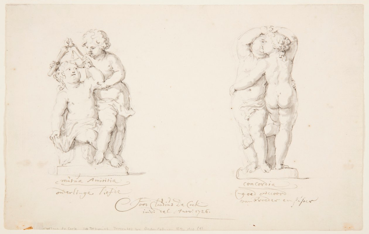 Tegning, projekter til en statuegruppe: "Venskab", "Overenskomst", 1726 af Jan Claudius de Cock