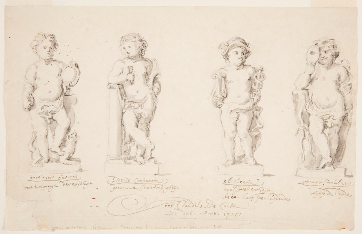 Tegning, projekter til statuer: "Visdom." "Standhaftighed." "Veltalenhed." "Amor forklædt.", 1726 af Jan Claudius de Cock