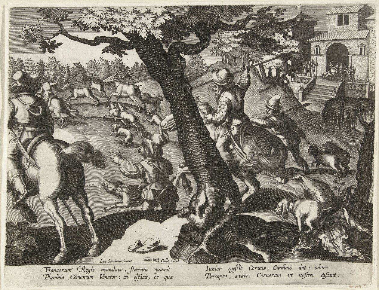 Hertenjacht met honden Jachttaferelen (serietitel) Jagten på vildt, fugle og fisk i Bestiary (serietitel) af Jan Collaert (II) (attributed to)