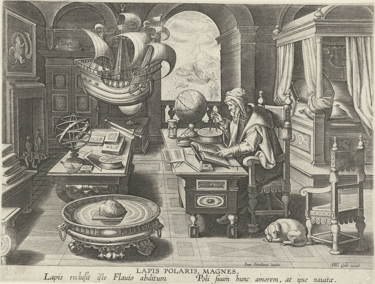 Opfindelsen af ​​kompasset Lapis Polaris, Magnes (titel på objekt) Nye opfindelser og opdagelser (serietitel) Nova Reperta (serietitel) af Jan Collaert (II) (attributed to)