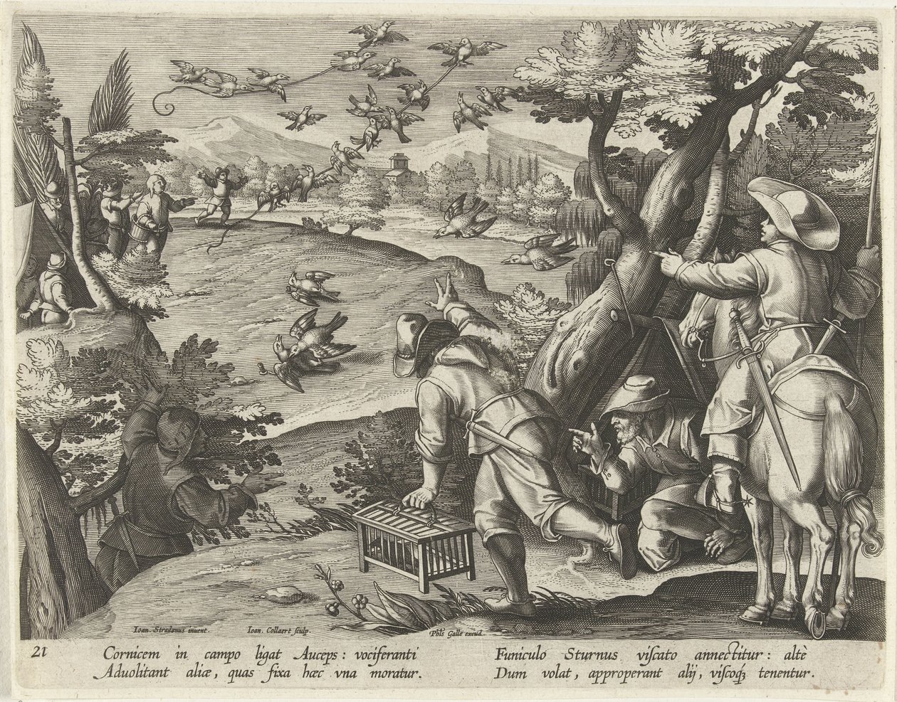 Jacht op kraaien en spreeuwen Jachttaferelen (serietitel) Jagten på vildt, fugle og fisk i Bestiary (serietitel) af Jan Collaert (II)