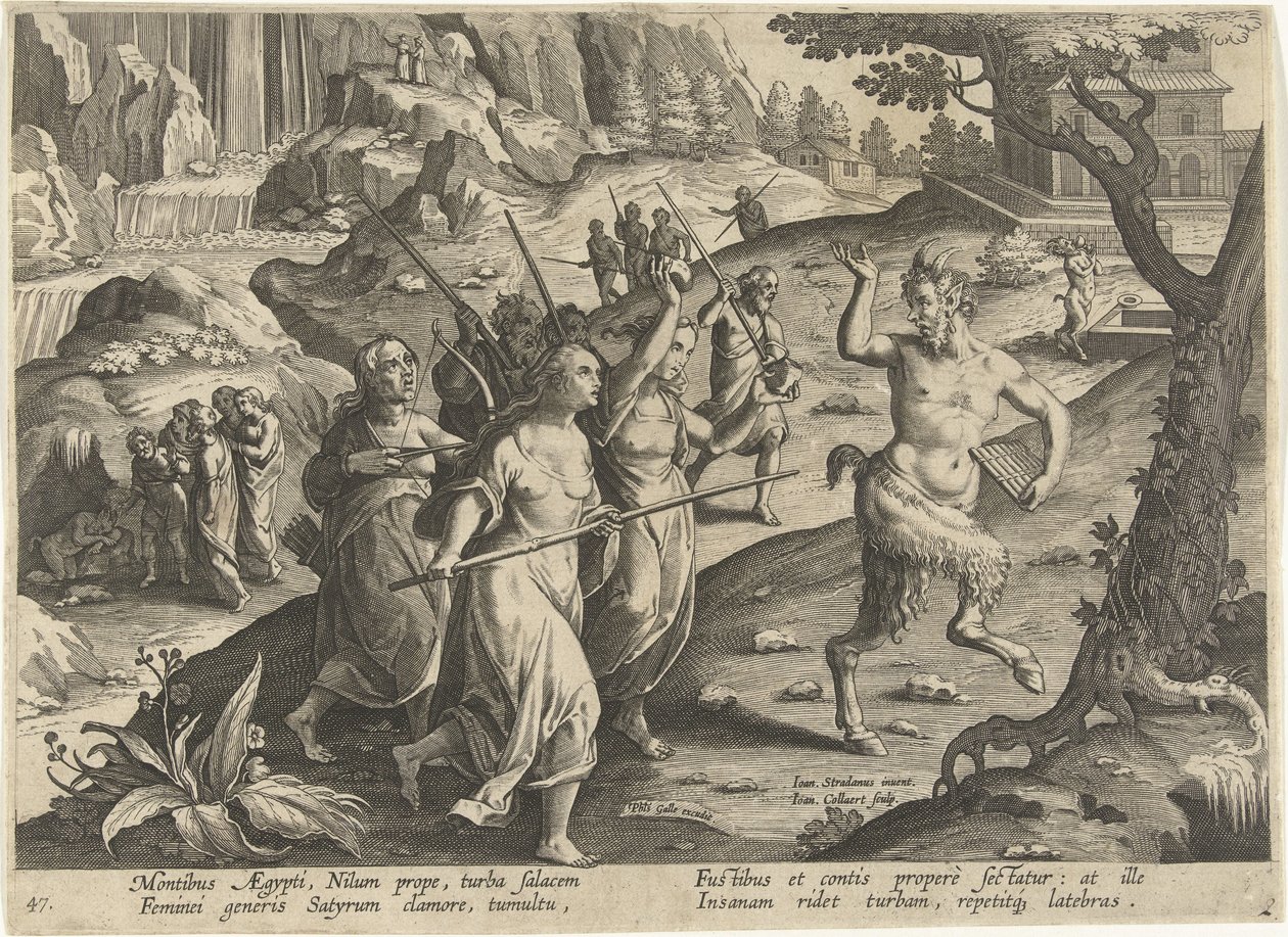 Vrouwen verjagen een sater Jachttaferelen (serietitel) Jagten på vildt, fugle og fisk i Bestiary (serietitel) af Jan Collaert (II)