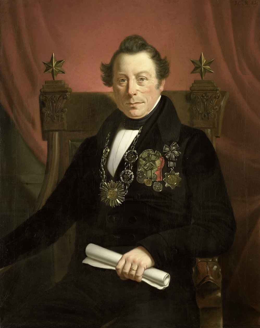 Portræt af Coenraad van Hulst, skuespiller, som præsident for det kunstfremmende firma VW i Amsterdam (så opkaldt efter grundlæggerne Casper Vreedenberg og Jan van Well) af Jan Cornelis van Rossum