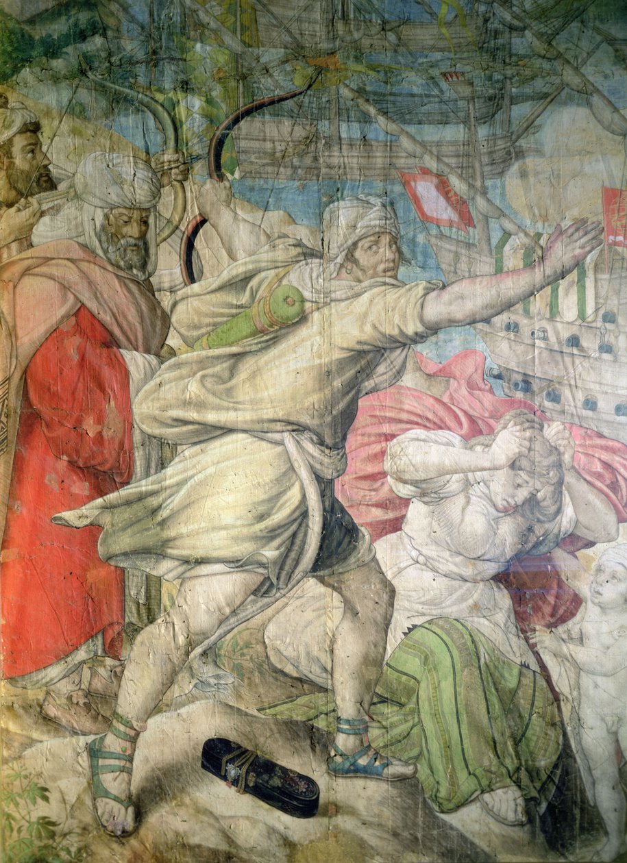 Kampagne af Charles V mod tyrkerne, detalje af en bueskytte fra The Capture of La Goletta, 1535 (kul og wc på papir) af Jan Cornelisz Vermeyen