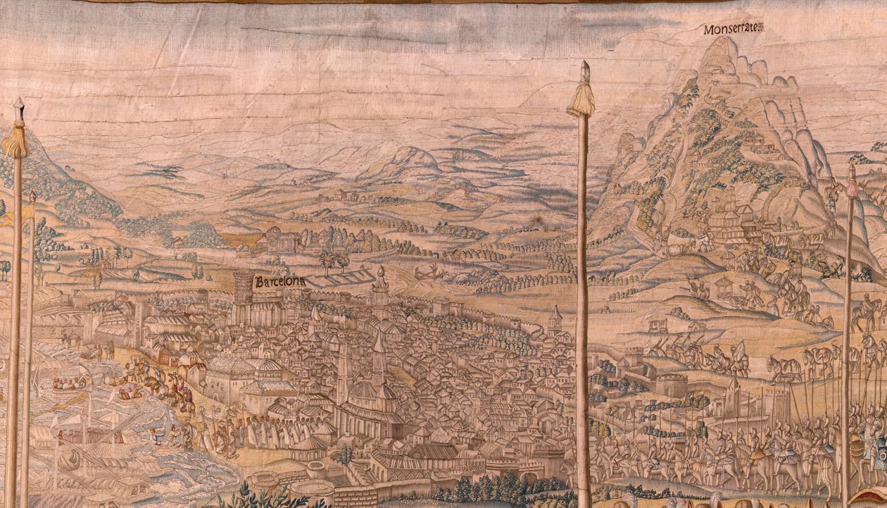 flamsk gobelin. Serien Erobringen af Tunis; Gennemgang af tropperne i Barcelona (La revista de las tropas en Barcelona). Andet gobelin i serien. Model Jan Vermeyen og Pieter Coecke van Aelst. 1543-1548. Fremstilling Real Fábrica de Tapices de Sant af Jan Cornelisz Vermeyen