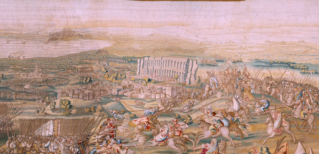 flamsk gobelin. Serien Erobringen af Tunis. Angrebet på La Goleta (Ataque a la Goleta). Fjerde gobelin i serien. Model Jan Vermeyen og Pieter Coecke van Aelst. 1543-1548. Fremstilling af Real Fábrica de Tapices de Santa Bárbara, Madrid af Jan Cornelisz Vermeyen