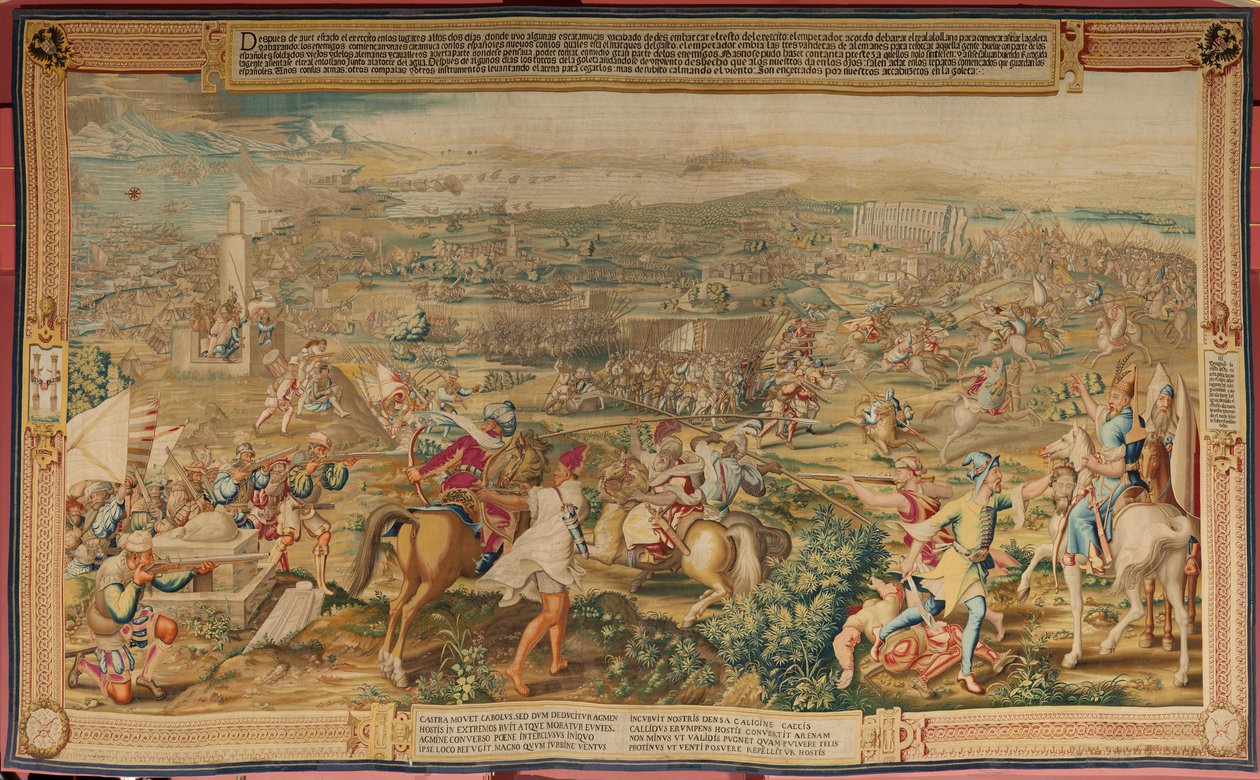 flamsk gobelin. Serien Erobringen af Tunis. Angrebet på La Goleta (Ataque a la Goleta). Fjerde gobelin i serien. Model Jan Vermeyen og Pieter Coecke van Aelst. 1543-1548. Fremstilling af Real Fábrica de Tapices de Santa Bárbara, Madrid af Jan Cornelisz Vermeyen
