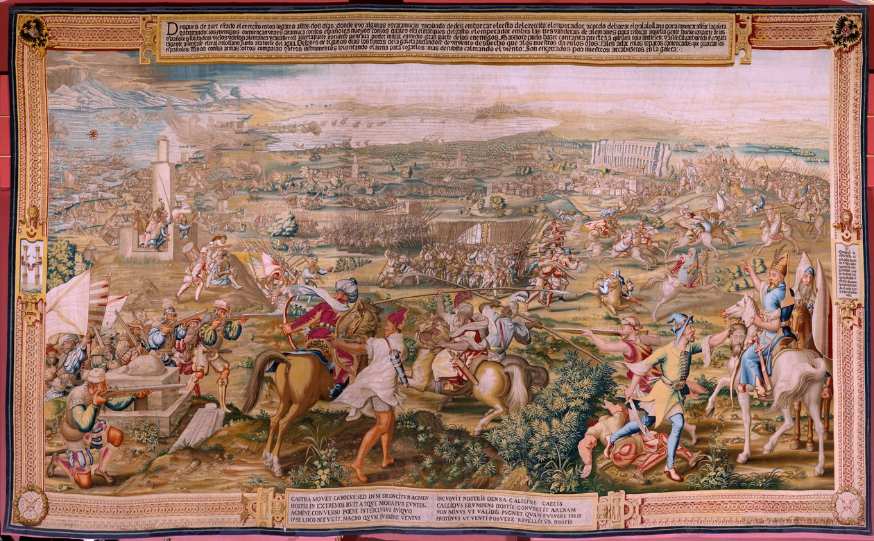 flamsk gobelin. Serien Erobringen af Tunis. Angrebet på La Goleta (Ataque a la Goleta). Fjerde gobelin i serien. Model Jan Vermeyen og Pieter Coecke van Aelst. 1543-1548. Fremstilling af Real Fábrica de Tapices de Santa Bárbara, Madrid af Jan Cornelisz Vermeyen