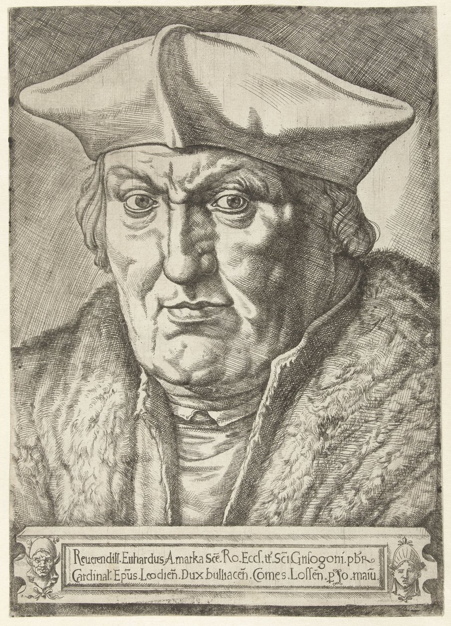 Portræt af Erard de la Marck, prins-biskop af Liège Reerendill Euhardus Amarka ... bulliacen Comes Lossen (titel på objekt) af Jan Cornelisz Vermeyen