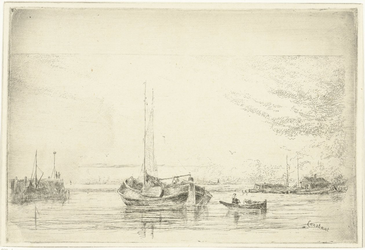 Flodudsigt med pram og robåd af Jan Daniël Cornelis Carel Willem baron de Constant Rebecque