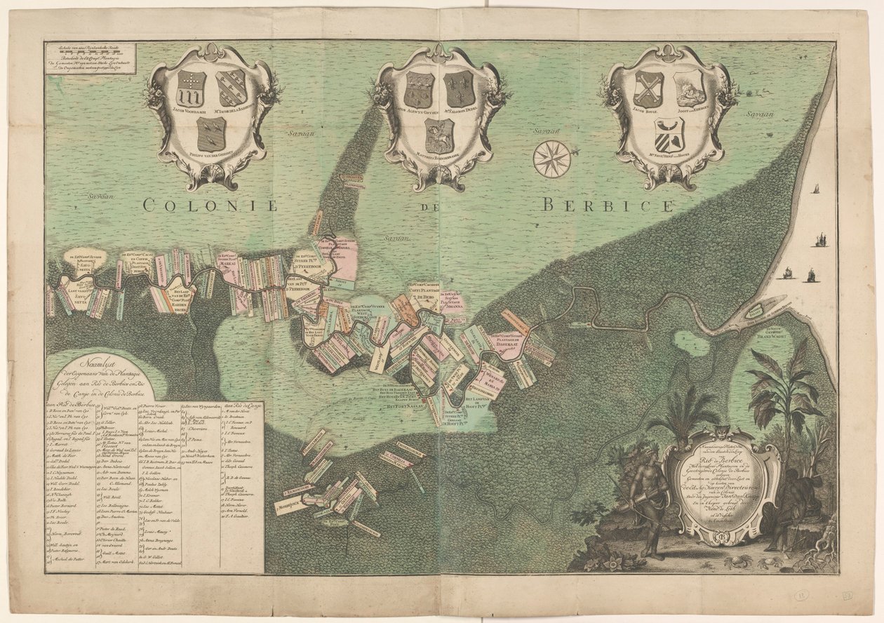 Nøjagtigt kort over staten og forløbet af Rio de Berbice. Med samme Plantagien beliggende i Geoctroyeerde kolonien de Berbice. (titel på objekt) af Jan Daniël Knapp