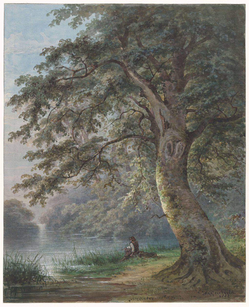 Lystfisker under stort træ ved dam af Jan David Geerling Grootveld