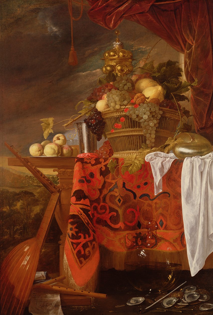 En kurv med blandet frugt med forgyldt kop, sølvkalk, Nautilus, glas og ferskner på en tallerken af Jan Davidsz de Heem