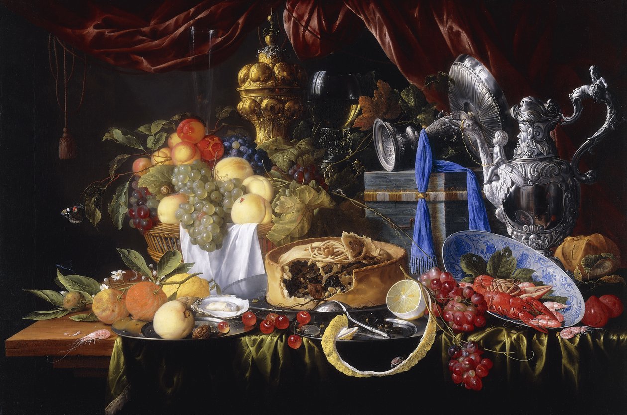En tærte på en tintallerken, en delvist skrællet citron, en sølvske på en tintallerken, krebs og rejer i en Wanli Kraak Porselein skål, 1649 af Jan Davidsz de Heem