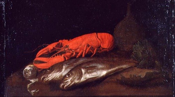 Et stilleben af en hummer og fisk på et bord af Jan Davidsz de Heem