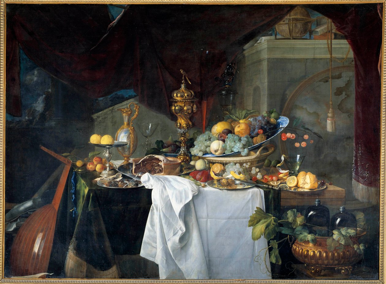 En stilleben borddessert dækket med fade med musikinstrument. Maleri af Jan David Heem (1606-1684) 1640 søn. 1,49x2,03 m af Jan Davidsz de Heem