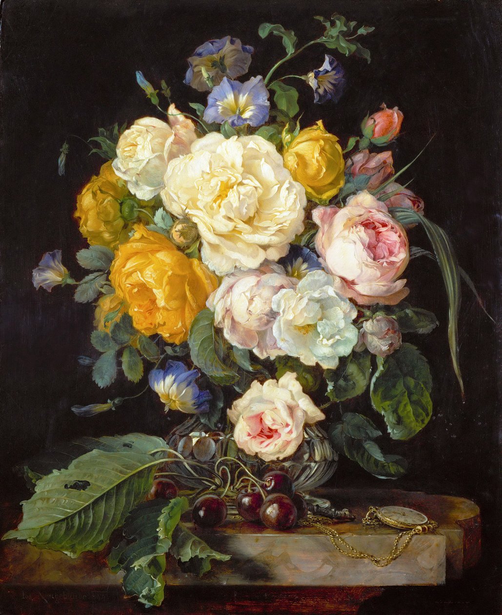 Barok: Stilleben med pæoner, kirsebær og et lommeur - Stilleben med pæoner, kirsebær og et lommeur af Heem, Jan Davidsz. af (1606-1684) af Jan Davidsz de Heem