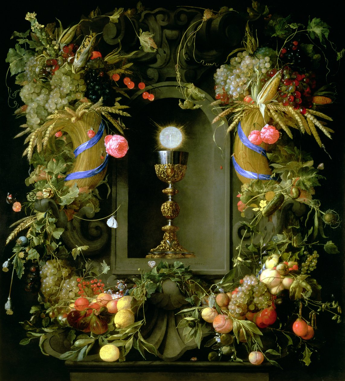 Nadverkop og vært, omkranset af en krans af frugt af Jan Davidsz de Heem