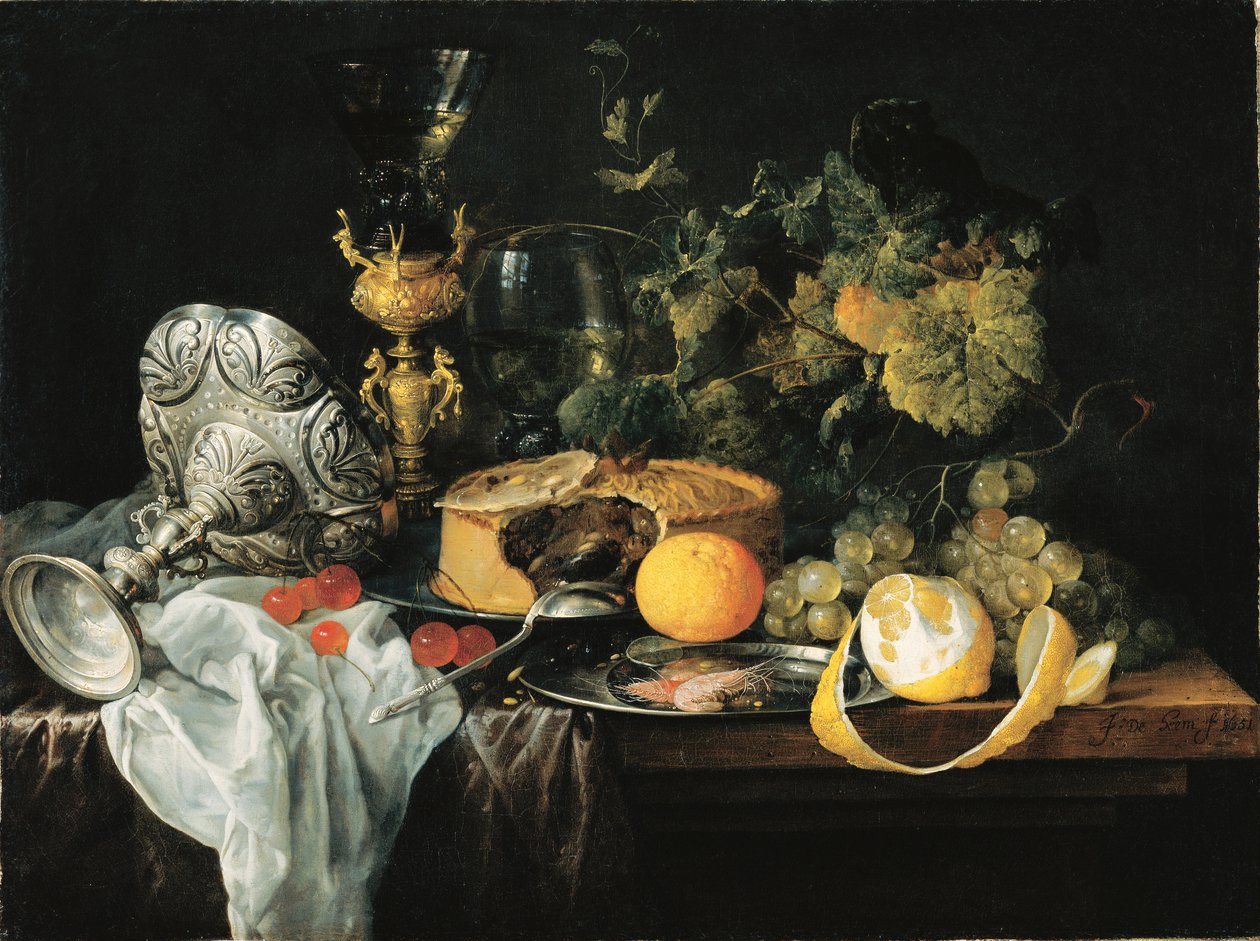 Tysk: Storslået stilleben med frugt, tærte og bægre Overdådigt stilleben med frugt, tærte og bægre, 1651 af Jan Davidsz. de Heem