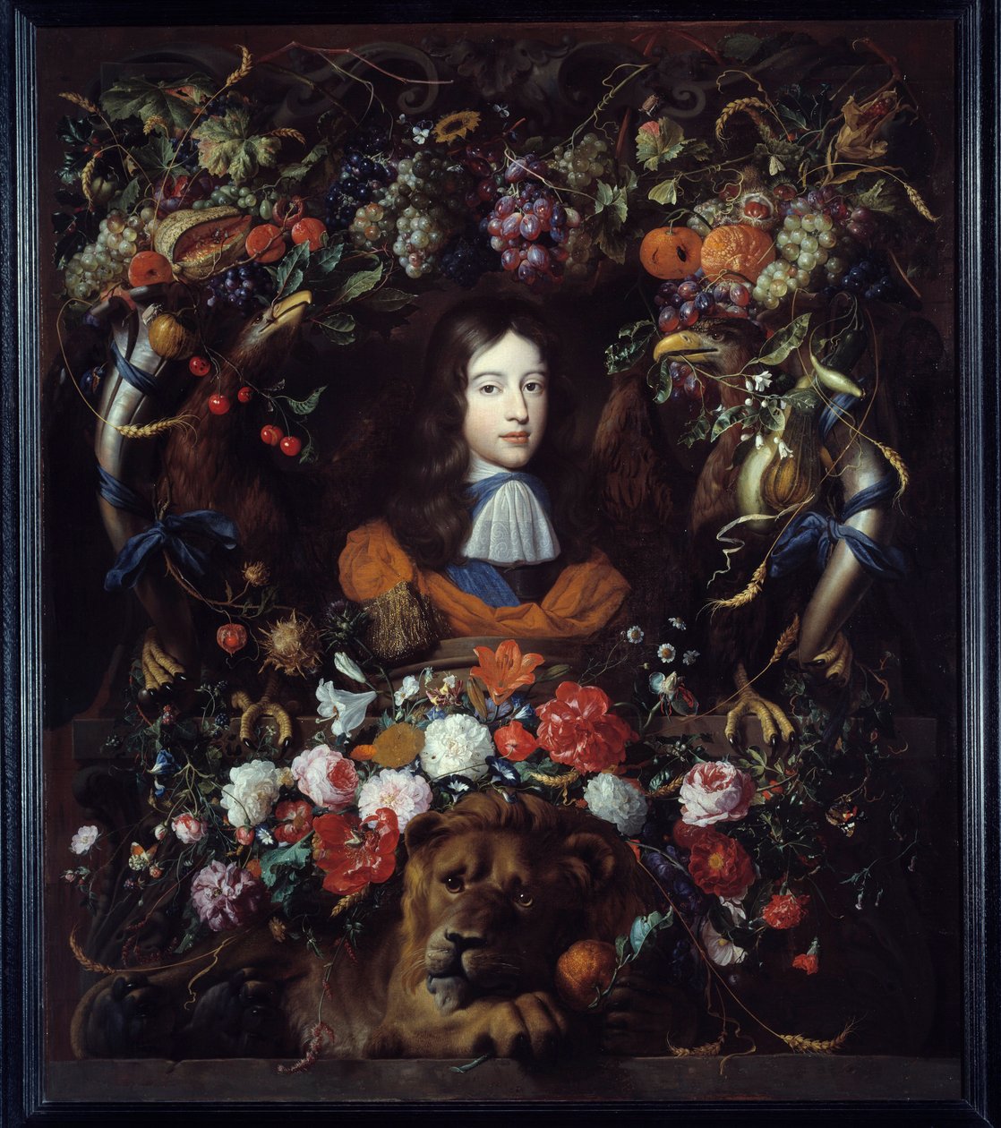 Portræt af Vilhelm III af Orange (1650-1702) i en medaljon af blomster Maleri af Jan David Heem (1606-1684) 1665 Søn. 1,34x1,14 m Lyon, Musee des Beaux Arts af Jan Davidsz de Heem