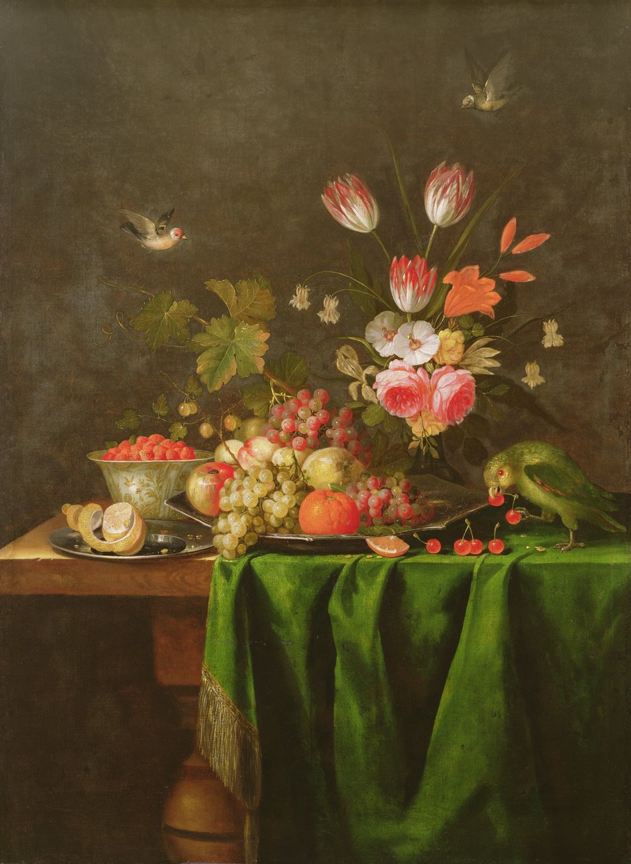 Stilleben af frugt og blomster med en papegøje på et bord dækket med en grøn klud (se 100412 for detaljer) af Jan Davidsz de Heem