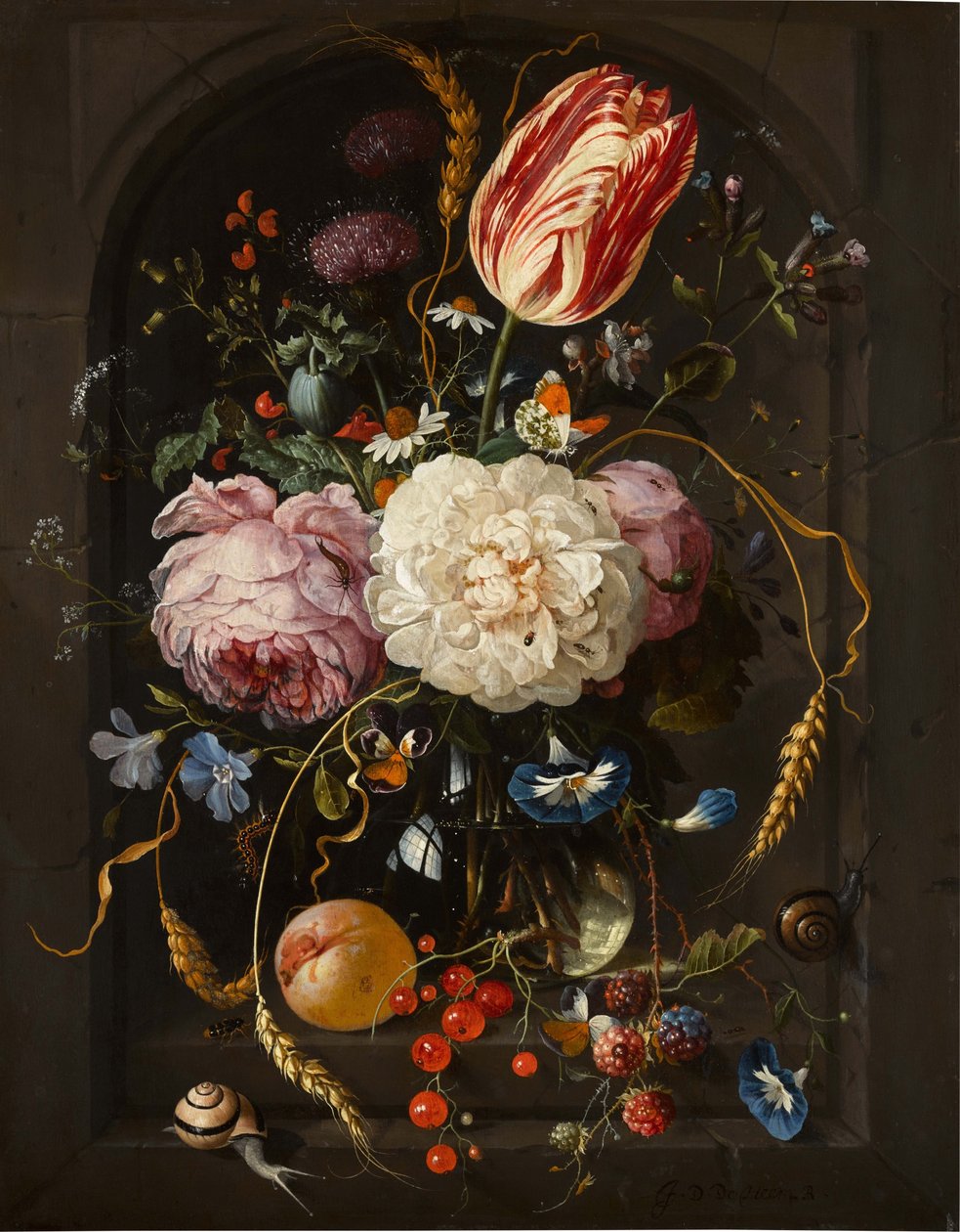 Stilleben med blomster i en glasvase med insekter og frugter i en stenniche af Jan Davidsz. de Heem