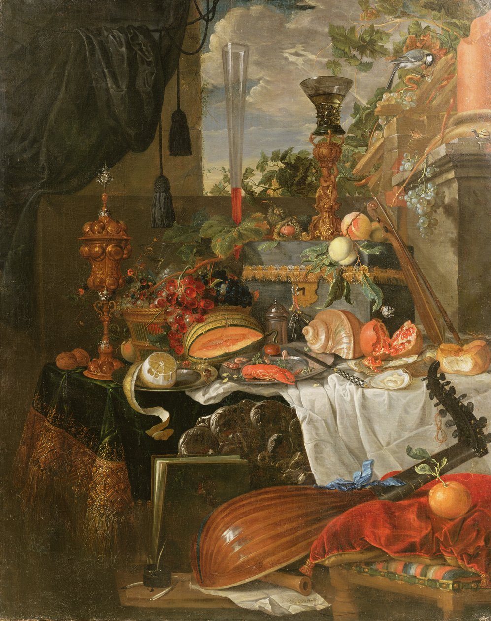 Stilleben af mad og musikinstrumenter af Jan Davidsz de Heem