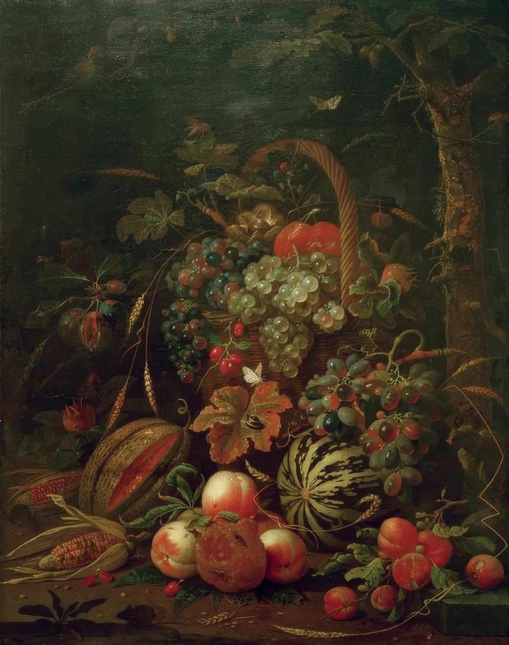 Stilleben med frugtkurv, græskar, melon og ferskner på en eg af Jan Davidsz de Heem