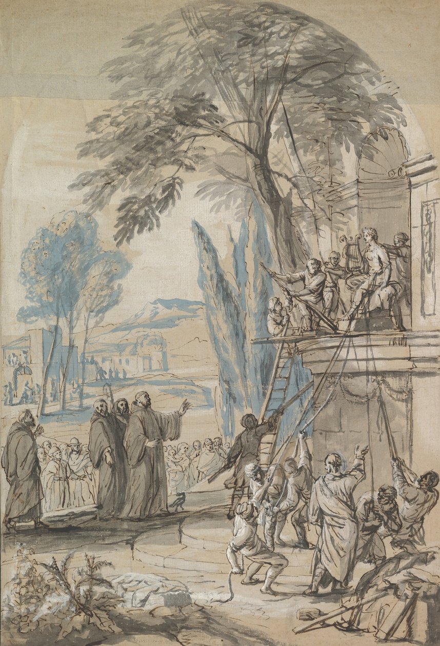 Benedikt af Nursia beordrer ødelæggelsen af Apollontemplet ved Monte..., midten af 17.-begyndelsen af det 18. århundrede af Jan Erasmus Quellinus