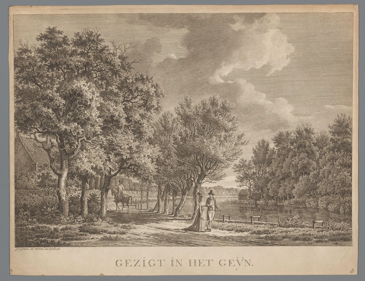 Landskab med et par, der går langs bredden af ​​Gein Gezigt in het Geÿn (titel på objekt) af Jan Evert Grave
