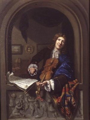 Portræt af en mand, der spiller på violin af Jan Frans Douven