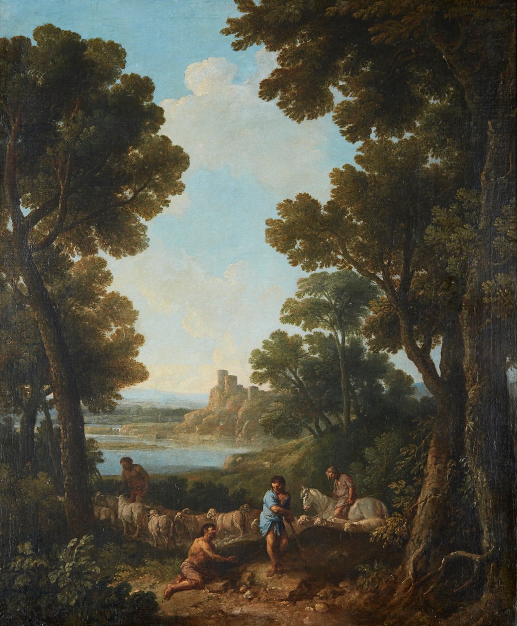 Et klassisk landskab med hyrder og rytter (olie på lærred) af Jan Frans van Bloemen