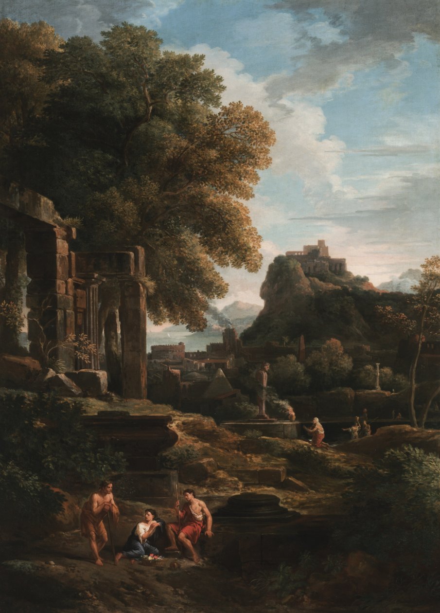 Et klassisk landskab med figurer i forgrunden, ruiner til venstre og en figur i midten, der ofrer (olie på lærred) af Jan Frans van Bloemen