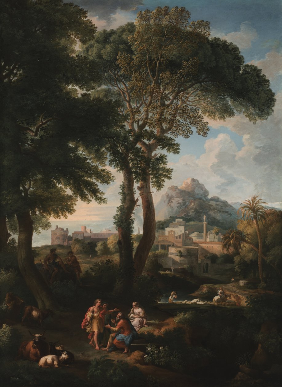 Et klassisk flodlandskab med figurer, der hilser på hinanden på en vej i forgrunden, udsigt til en by i det fjerne (olie på lærred) af Jan Frans van Bloemen