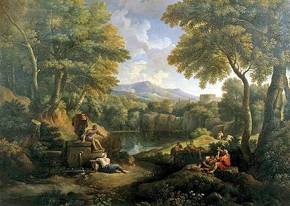 Landskab med figurer ved en brønd (olie på lærred) af Jan Frans van Bloemen