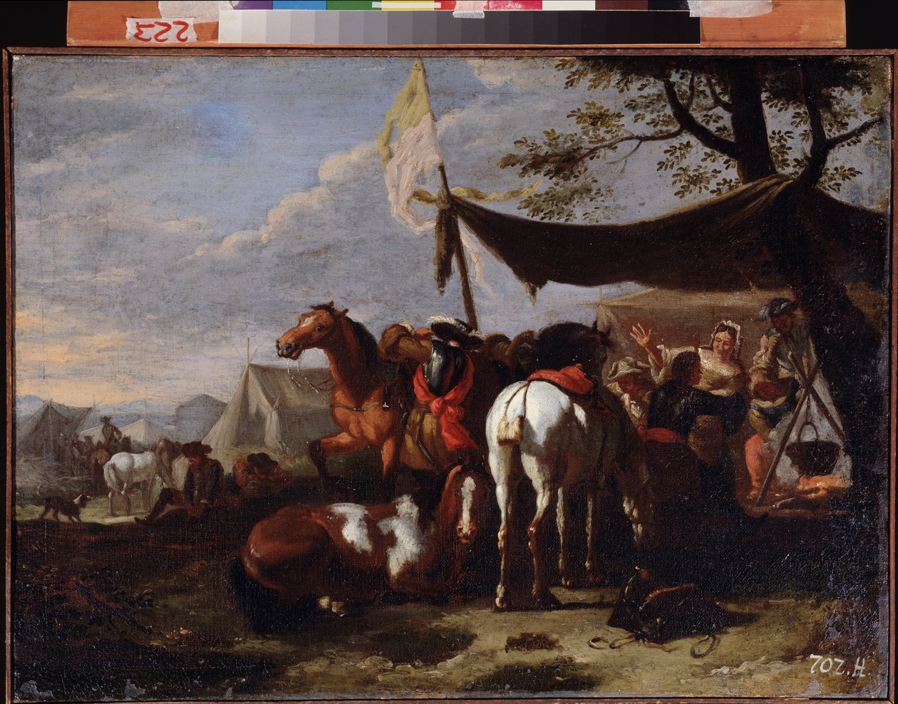 ""Gruppen af ​​ryttere i lejren"" (A Cavalry Camp) Maleri af Jan Frans van Bloemen (1662-1749) 1700-tallets fjernøstlige kunstmuseum, Khabarovsk Rusland af Jan Frans van Bloemen